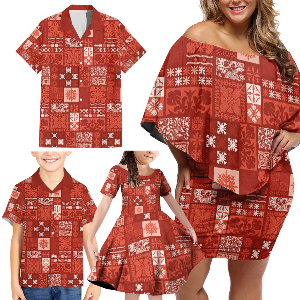 Vintage Hawaiian Quilting Patterns Family Matching Off Shoulder Short Dress and Hawaiian Shirt Red Style Tribal Fabric Patchwork - Polynesian Pride