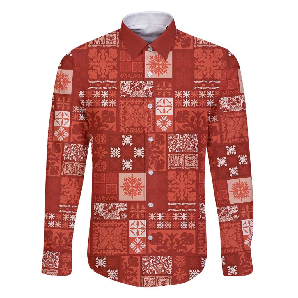 Vintage Hawaiian Quilting Patterns Family Matching Off Shoulder Short Dress and Hawaiian Shirt Red Style Tribal Fabric Patchwork - Polynesian Pride