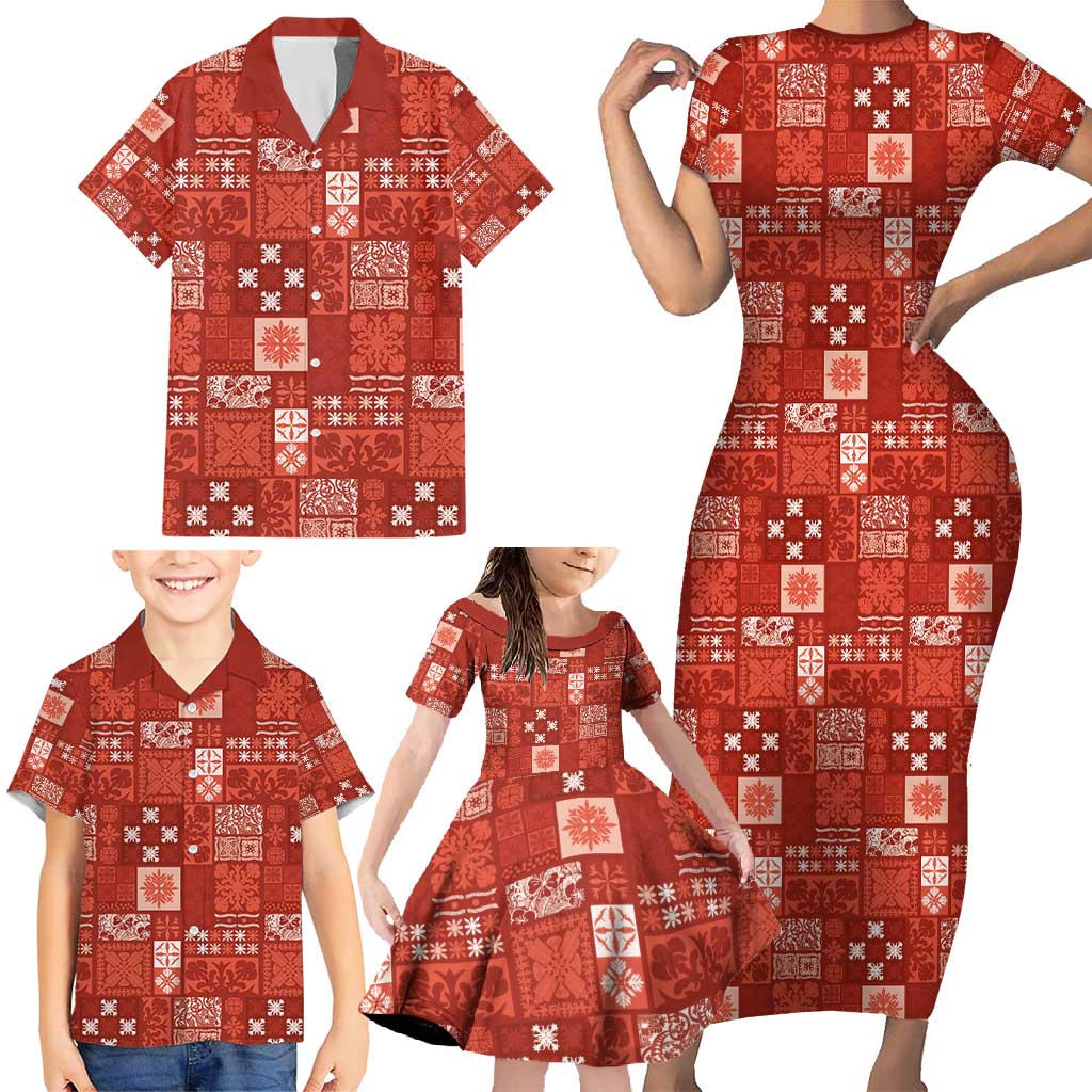 Vintage Hawaiian Quilting Patterns Family Matching Short Sleeve Bodycon Dress and Hawaiian Shirt Red Style Tribal Fabric Patchwork - Polynesian Pride