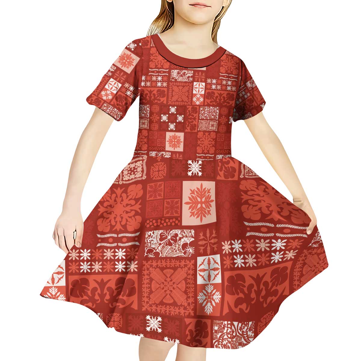Vintage Hawaiian Quilting Patterns Kid Short Sleeve Dress Red Style Tribal Fabric Patchwork - Polynesian Pride