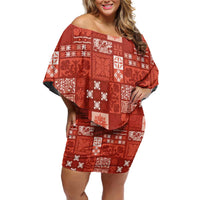 Vintage Hawaiian Quilting Patterns Off Shoulder Short Dress Red Style Tribal Fabric Patchwork - Polynesian Pride