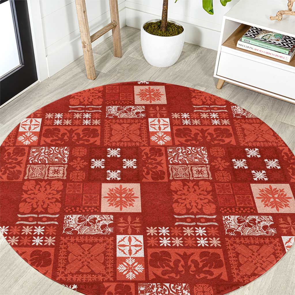 Vintage Hawaiian Quilting Patterns Round Carpet Red Style Tribal Fabric Patchwork - Polynesian Pride