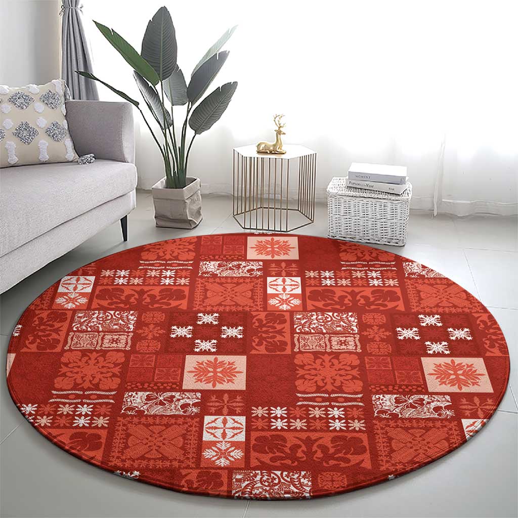 Vintage Hawaiian Quilting Patterns Round Carpet Red Style Tribal Fabric Patchwork - Polynesian Pride