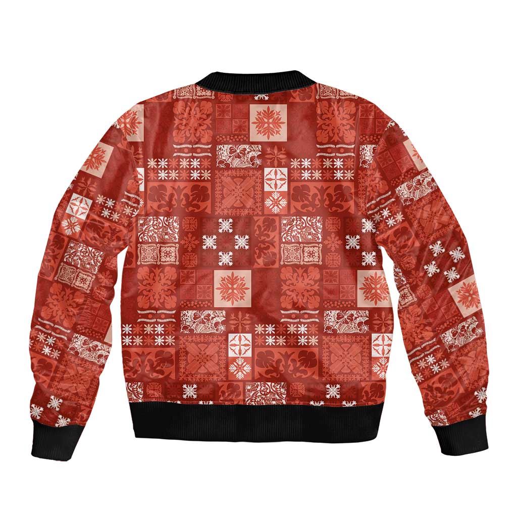 Vintage Hawaiian Quilting Patterns Sleeve Zip Bomber Jacket Red Style Tribal Fabric Patchwork - Polynesian Pride