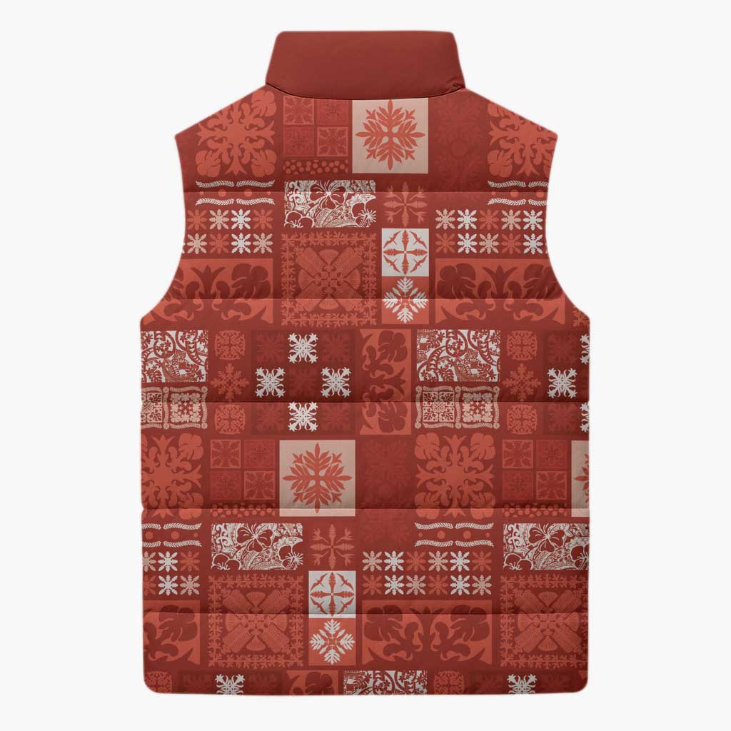 Vintage Hawaiian Quilting Patterns Sleeveless Puffer Jacket Red Style Tribal Fabric Patchwork - Polynesian Pride