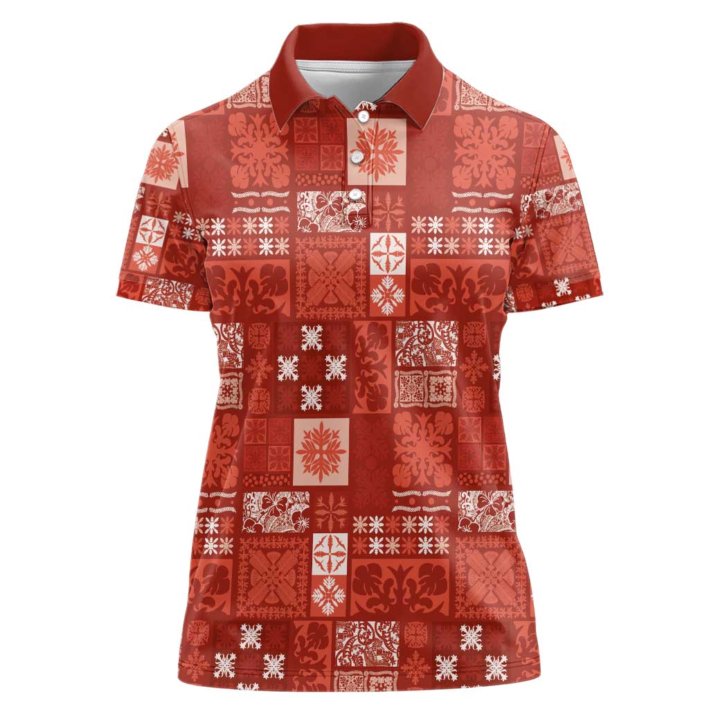 Vintage Hawaiian Quilting Patterns Women Polo Shirt Red Style Tribal Fabric Patchwork - Polynesian Pride
