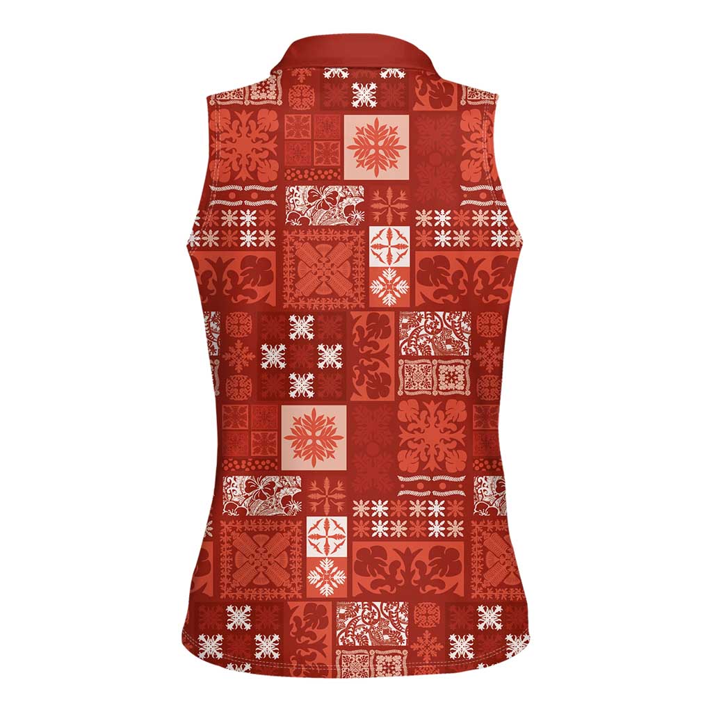 Vintage Hawaiian Quilting Patterns Women Sleeveless Polo Shirt Red Style Tribal Fabric Patchwork - Polynesian Pride