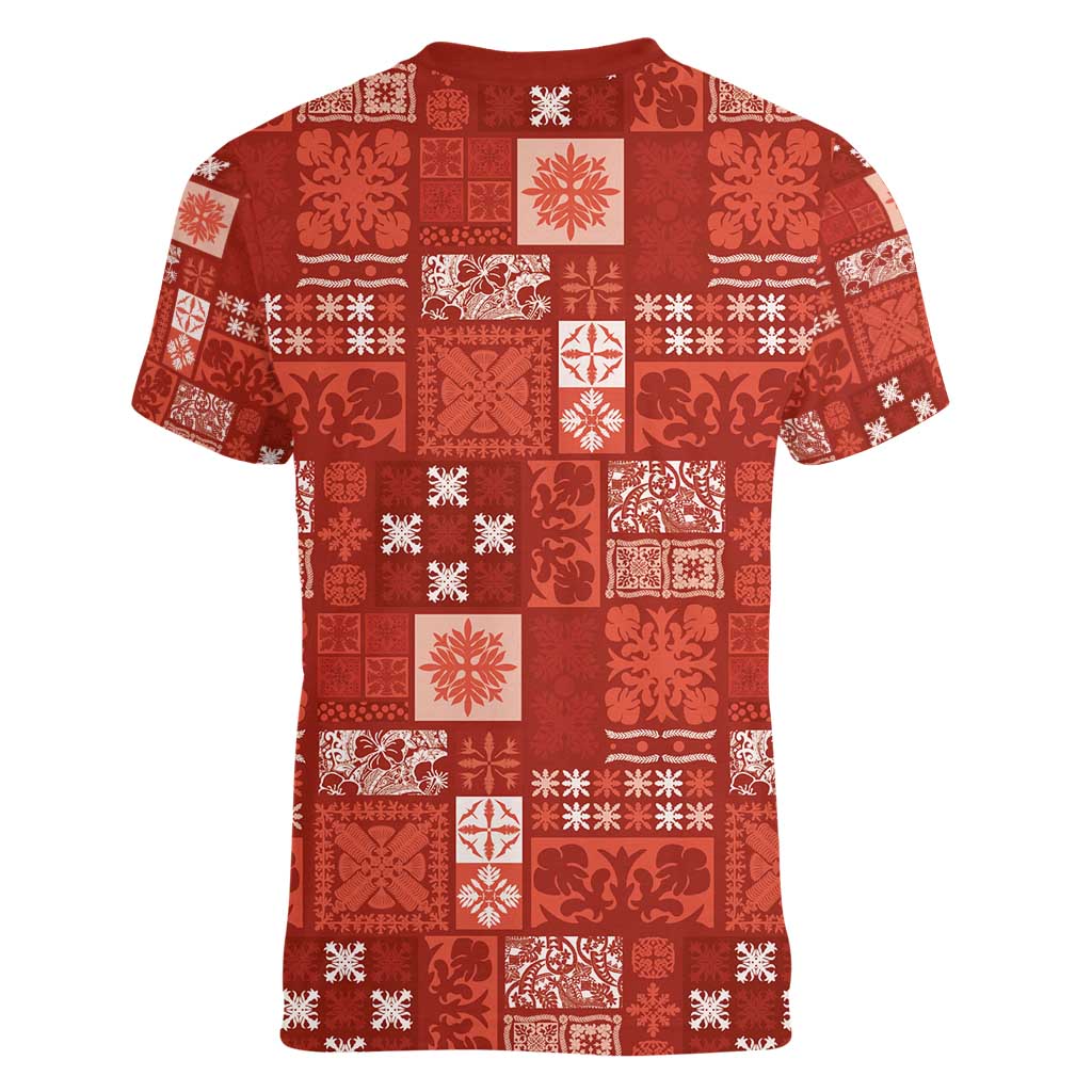 Vintage Hawaiian Quilting Patterns Women V-Neck T-Shirt Red Style Tribal Fabric Patchwork - Polynesian Pride