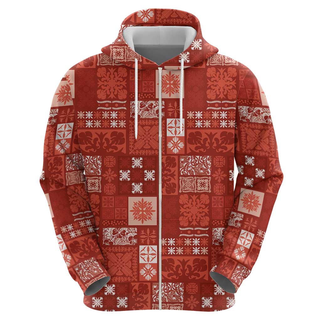 Vintage Hawaiian Quilting Patterns Zip Hoodie Red Style Tribal Fabric Patchwork - Polynesian Pride