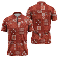 Vintage Hawaiian Quilting Patterns Zipper Polo Shirt Red Style Tribal Fabric Patchwork - Polynesian Pride