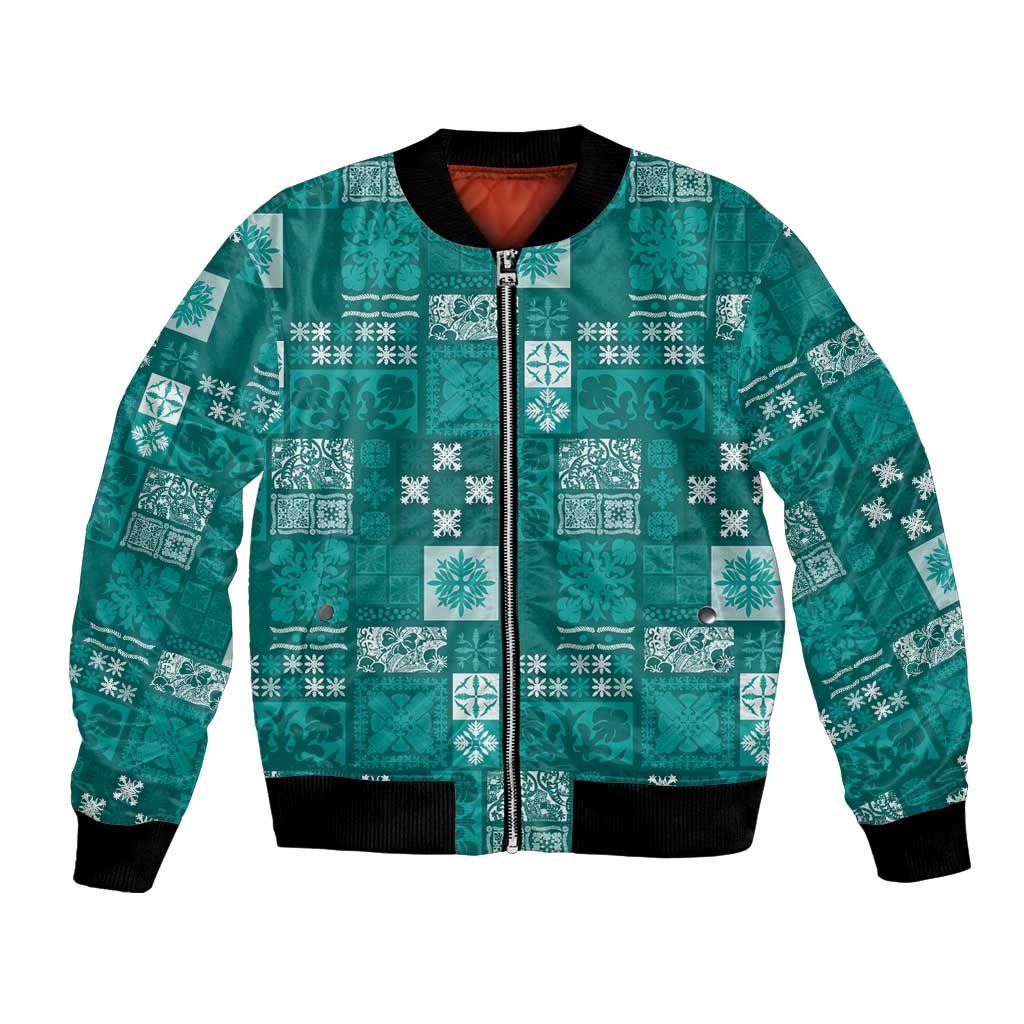 Vintage Hawaiian Quilting Patterns Bomber Jacket Turquoise Style Tribal Fabric Patchwork - Polynesian Pride
