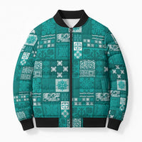 Vintage Hawaiian Quilting Patterns Bomber Puffer Jacket Turquoise Style Tribal Fabric Patchwork - Polynesian Pride