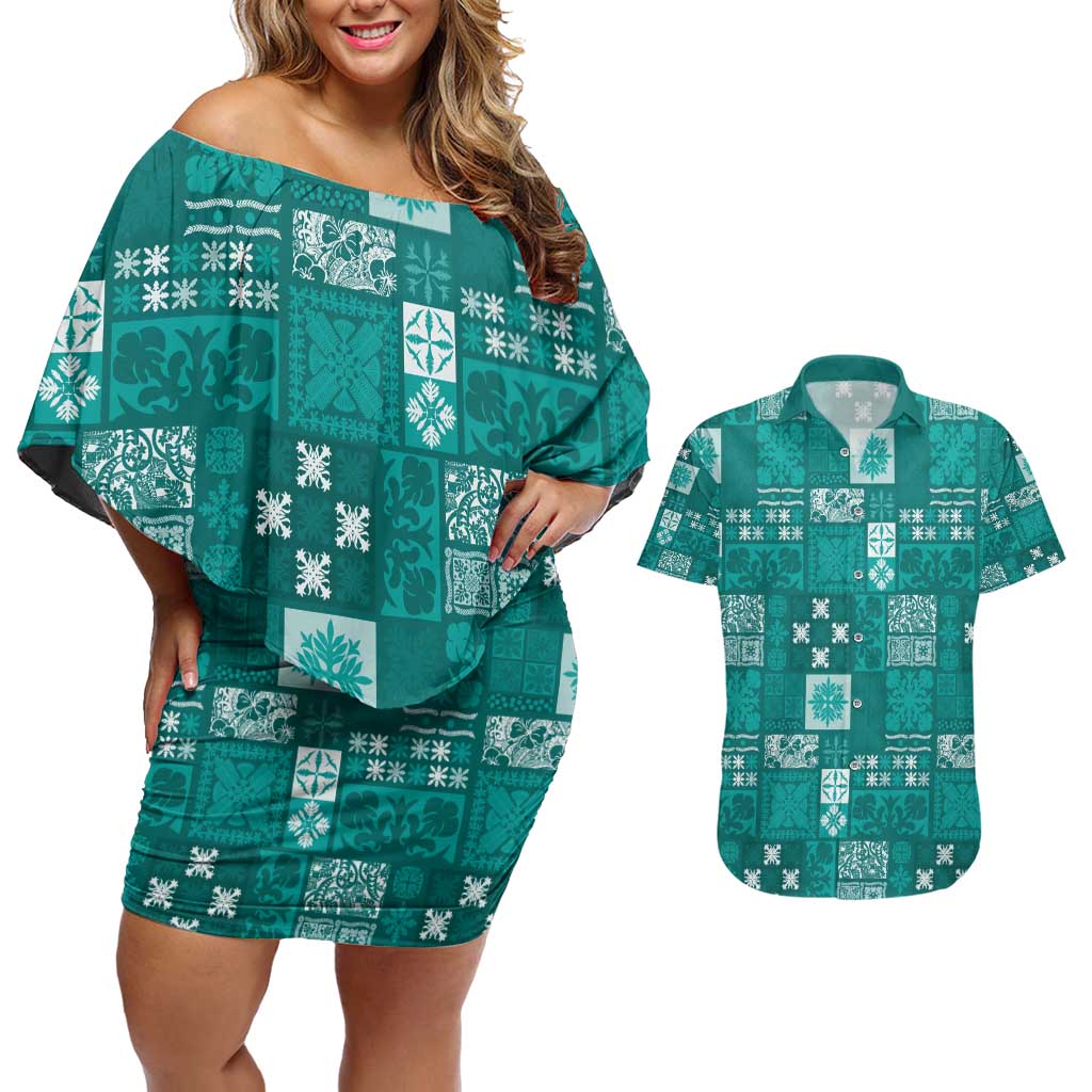 Vintage Hawaiian Quilting Patterns Couples Matching Off Shoulder Short Dress and Hawaiian Shirt Turquoise Style Tribal Fabric Patchwork - Polynesian Pride