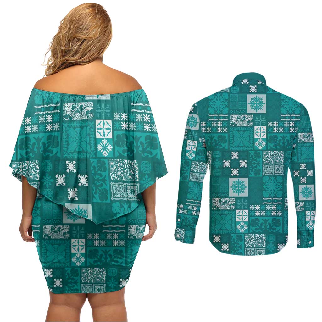 Vintage Hawaiian Quilting Patterns Couples Matching Off Shoulder Short Dress and Long Sleeve Button Shirt Turquoise Style Tribal Fabric Patchwork - Polynesian Pride