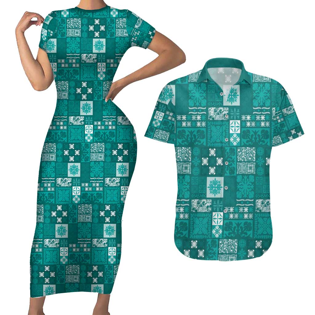 Vintage Hawaiian Quilting Patterns Couples Matching Short Sleeve Bodycon Dress and Hawaiian Shirt Turquoise Style Tribal Fabric Patchwork - Polynesian Pride