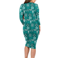 Vintage Hawaiian Quilting Patterns Family Matching Long Sleeve Bodycon Dress and Hawaiian Shirt Turquoise Style Tribal Fabric Patchwork - Polynesian Pride