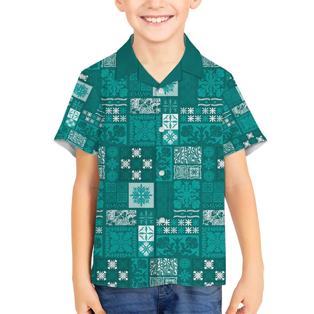 Vintage Hawaiian Quilting Patterns Family Matching Long Sleeve Bodycon Dress and Hawaiian Shirt Turquoise Style Tribal Fabric Patchwork - Polynesian Pride