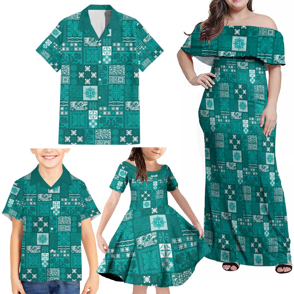 Vintage Hawaiian Quilting Patterns Family Matching Off Shoulder Maxi Dress and Hawaiian Shirt Turquoise Style Tribal Fabric Patchwork - Polynesian Pride