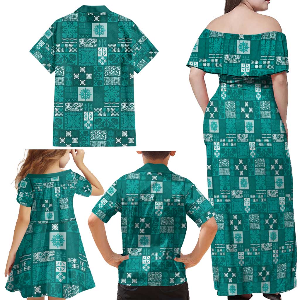 Vintage Hawaiian Quilting Patterns Family Matching Off Shoulder Maxi Dress and Hawaiian Shirt Turquoise Style Tribal Fabric Patchwork - Polynesian Pride