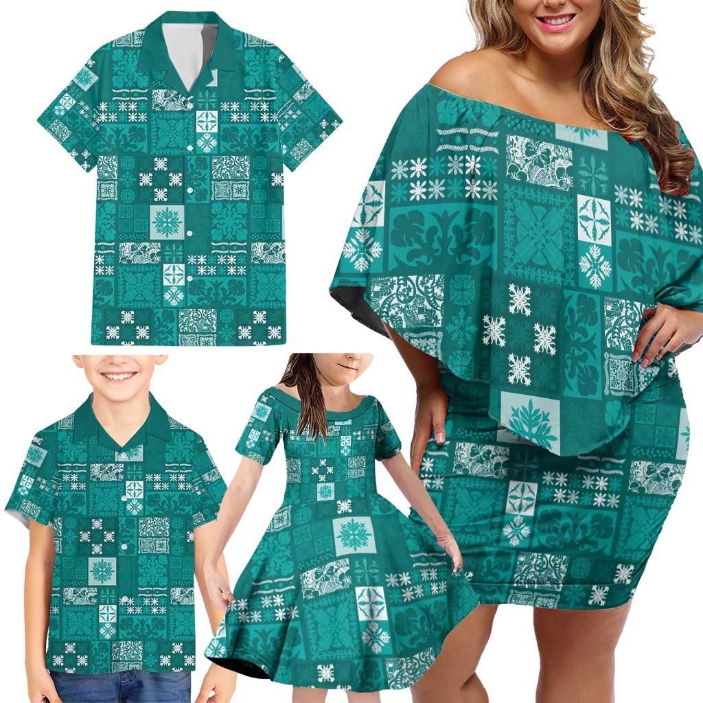 Vintage Hawaiian Quilting Patterns Family Matching Off Shoulder Short Dress and Hawaiian Shirt Turquoise Style Tribal Fabric Patchwork - Polynesian Pride