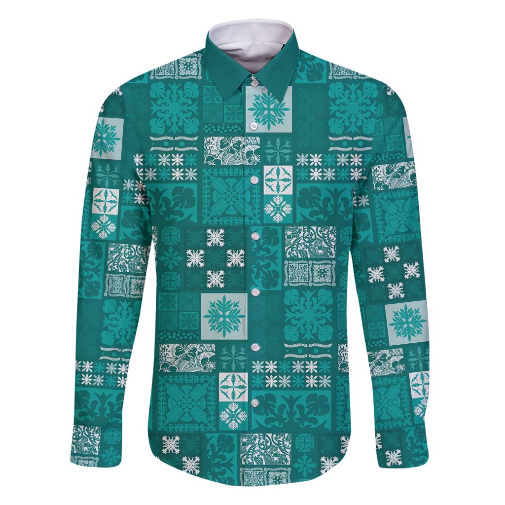 Vintage Hawaiian Quilting Patterns Family Matching Off Shoulder Short Dress and Hawaiian Shirt Turquoise Style Tribal Fabric Patchwork - Polynesian Pride