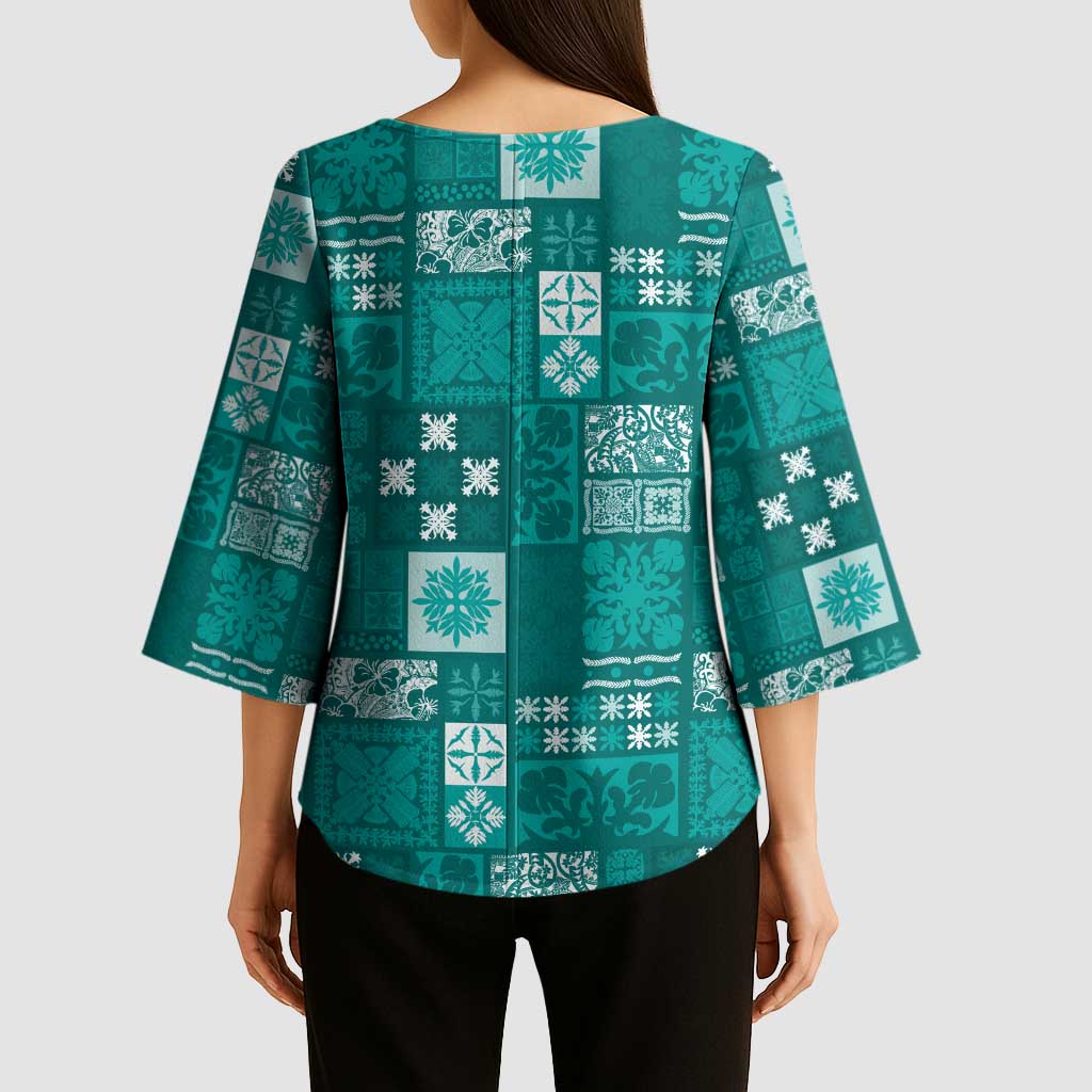 Vintage Hawaiian Quilting Patterns Kimono Sleeve Blouse Turquoise Style Tribal Fabric Patchwork - Polynesian Pride