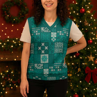 Vintage Hawaiian Quilting Patterns Christmas Knitted V-Neck Vest Turquoise Style Tribal Fabric Patchwork - Polynesian Pride