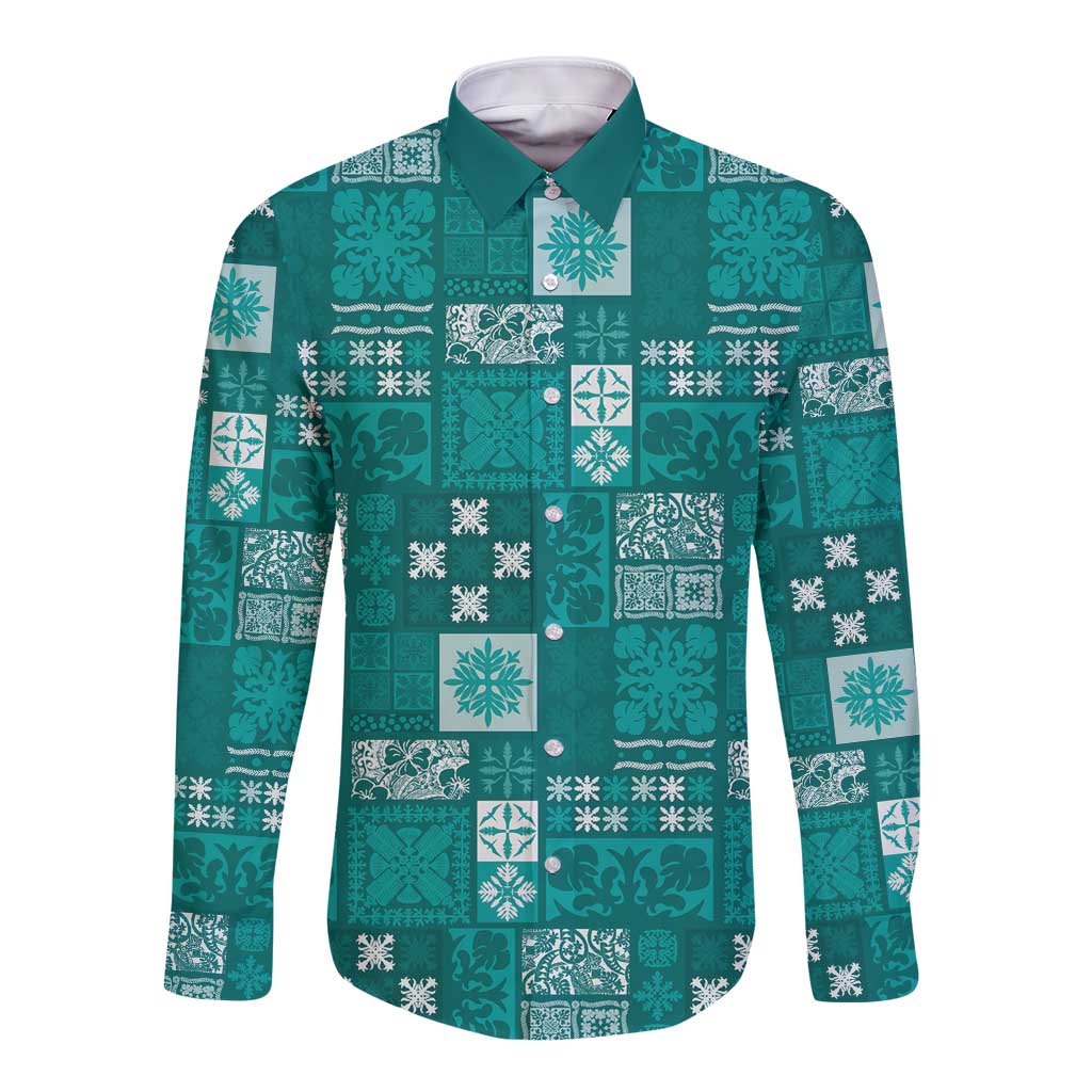Vintage Hawaiian Quilting Patterns Long Sleeve Button Shirt Turquoise Style Tribal Fabric Patchwork - Polynesian Pride