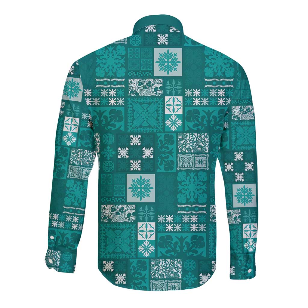 Vintage Hawaiian Quilting Patterns Long Sleeve Button Shirt Turquoise Style Tribal Fabric Patchwork - Polynesian Pride