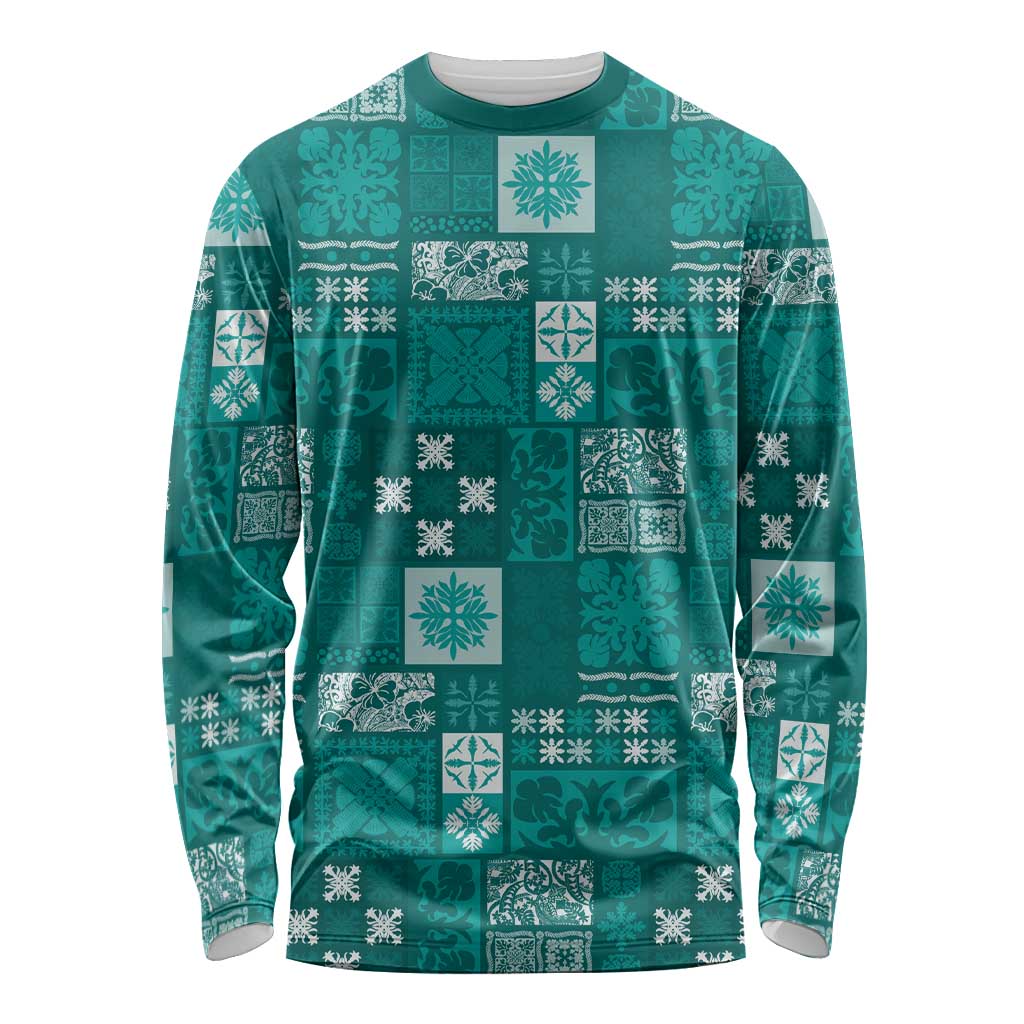 Vintage Hawaiian Quilting Patterns Long Sleeve Shirt Turquoise Style Tribal Fabric Patchwork - Polynesian Pride