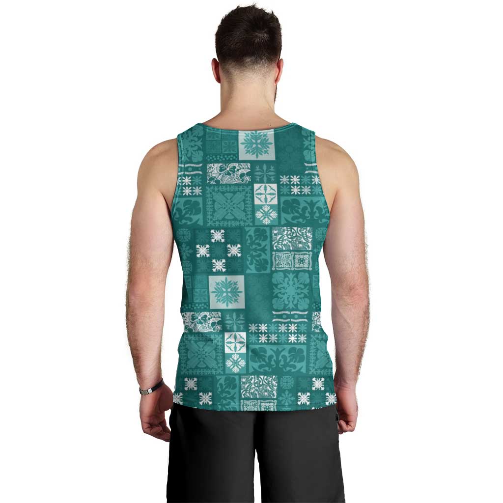 Vintage Hawaiian Quilting Patterns Men Tank Top Turquoise Style Tribal Fabric Patchwork - Polynesian Pride