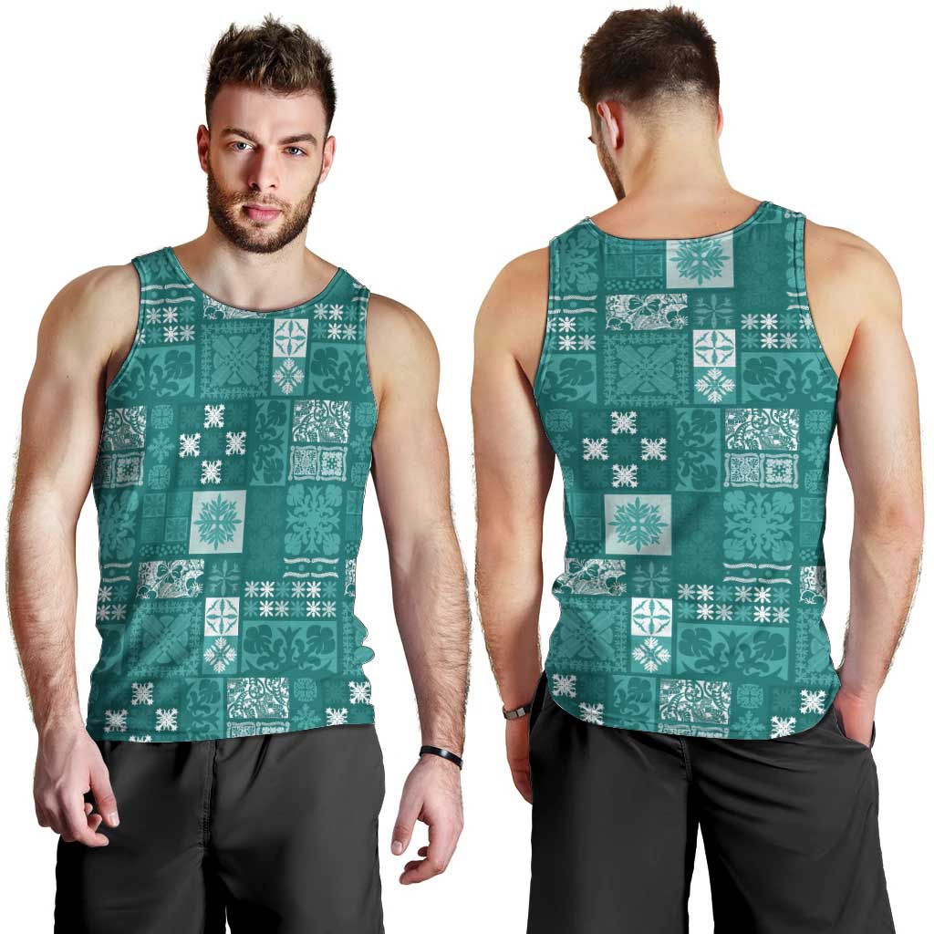 Vintage Hawaiian Quilting Patterns Men Tank Top Turquoise Style Tribal Fabric Patchwork - Polynesian Pride