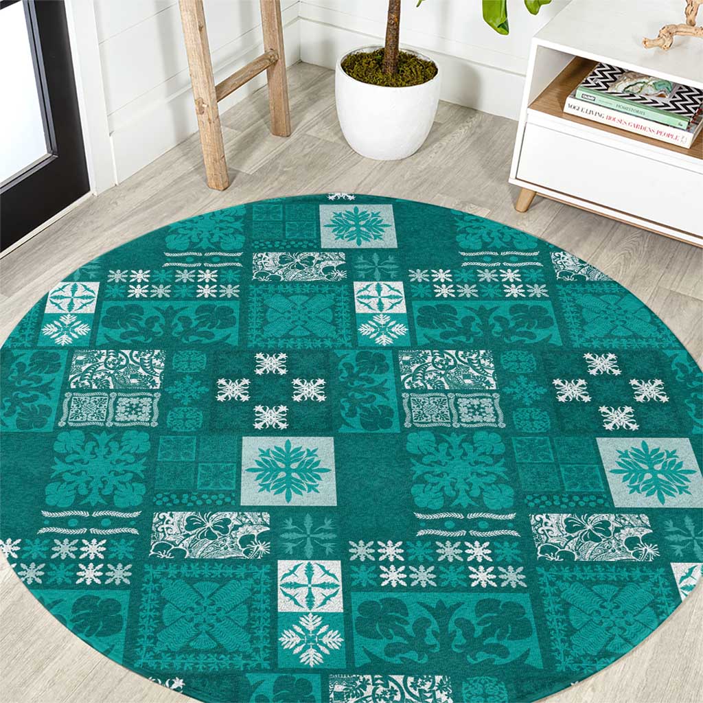Vintage Hawaiian Quilting Patterns Round Carpet Turquoise Style Tribal Fabric Patchwork - Polynesian Pride