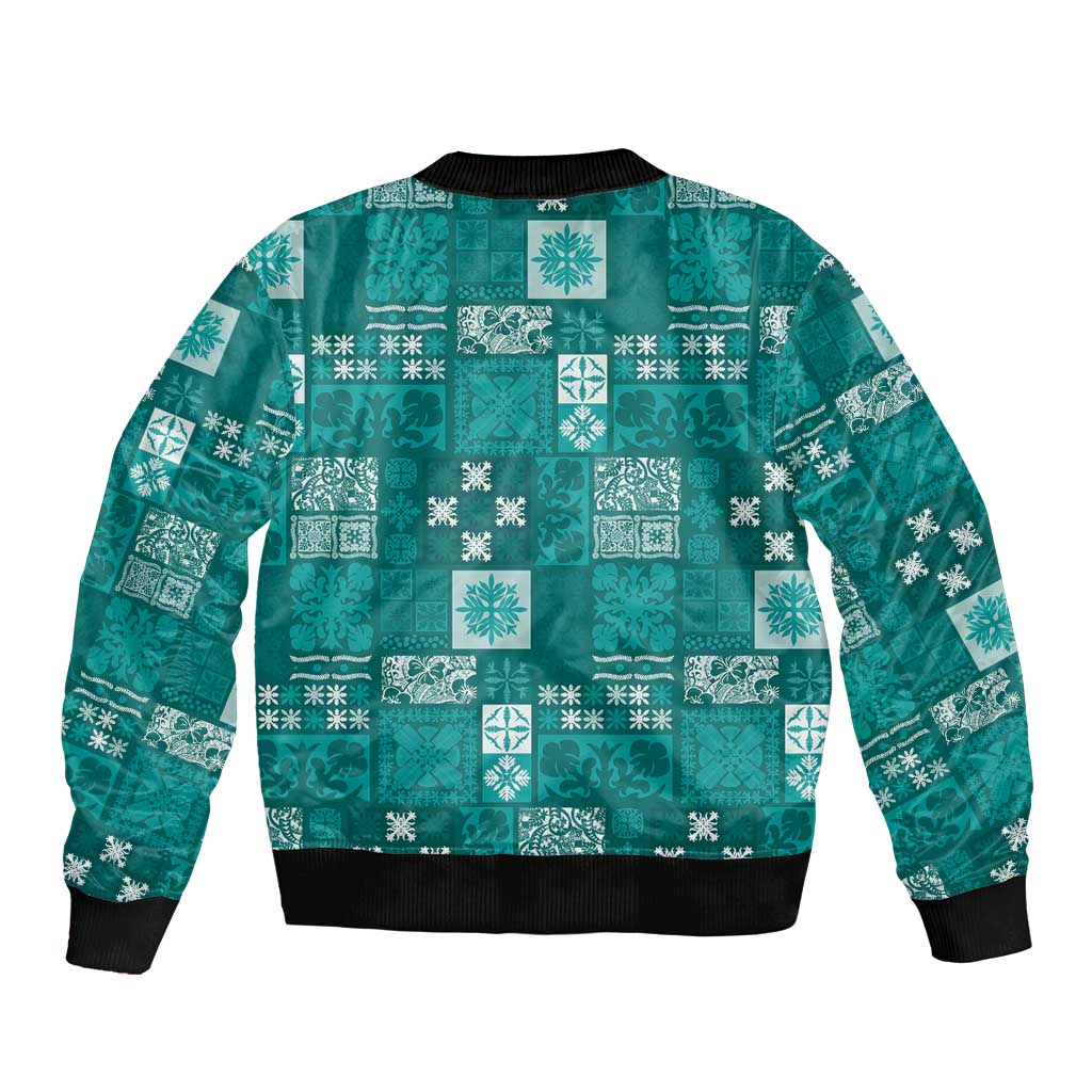Vintage Hawaiian Quilting Patterns Sleeve Zip Bomber Jacket Turquoise Style Tribal Fabric Patchwork - Polynesian Pride