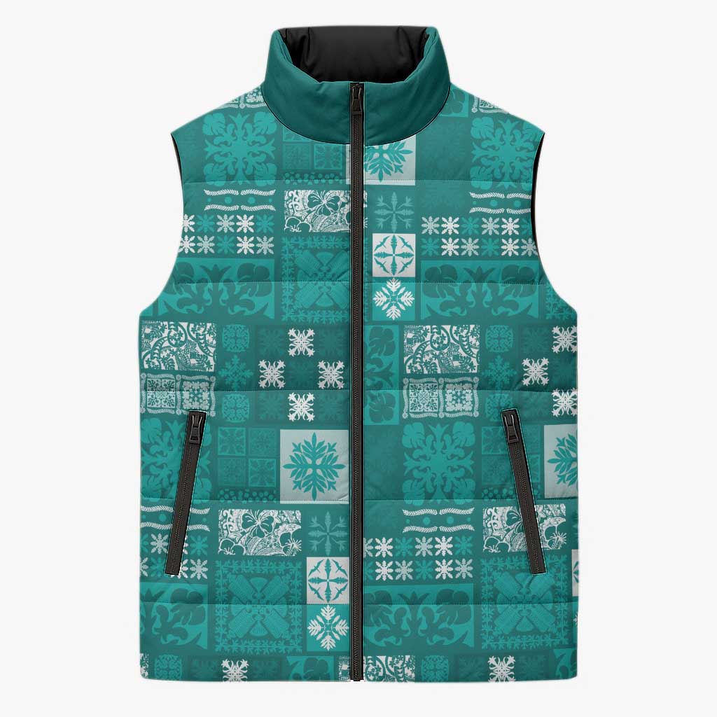 Vintage Hawaiian Quilting Patterns Sleeveless Puffer Jacket Turquoise Style Tribal Fabric Patchwork - Polynesian Pride