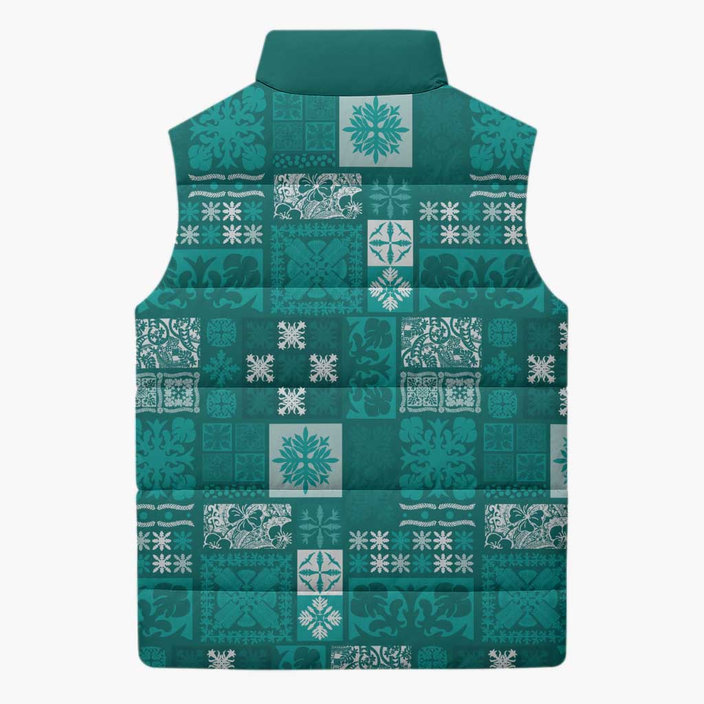 Vintage Hawaiian Quilting Patterns Sleeveless Puffer Jacket Turquoise Style Tribal Fabric Patchwork - Polynesian Pride