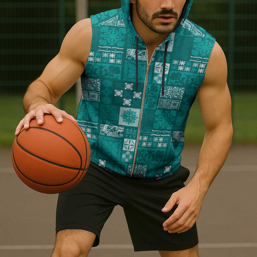 Vintage Hawaiian Quilting Patterns Sleeveless Zip Hoodie Turquoise Style Tribal Fabric Patchwork - Polynesian Pride