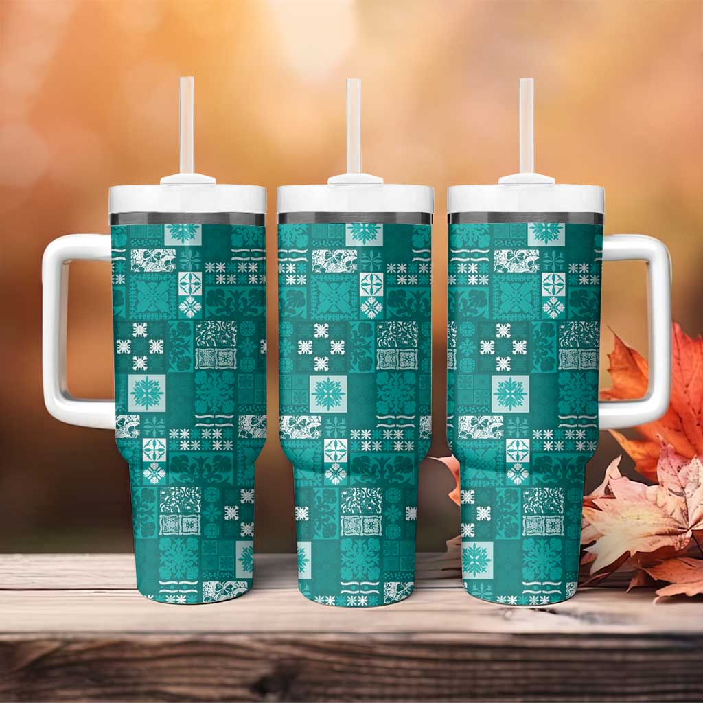 Vintage Hawaiian Quilting Patterns Tumbler With Handle Turquoise Style Tribal Fabric Patchwork - Polynesian Pride