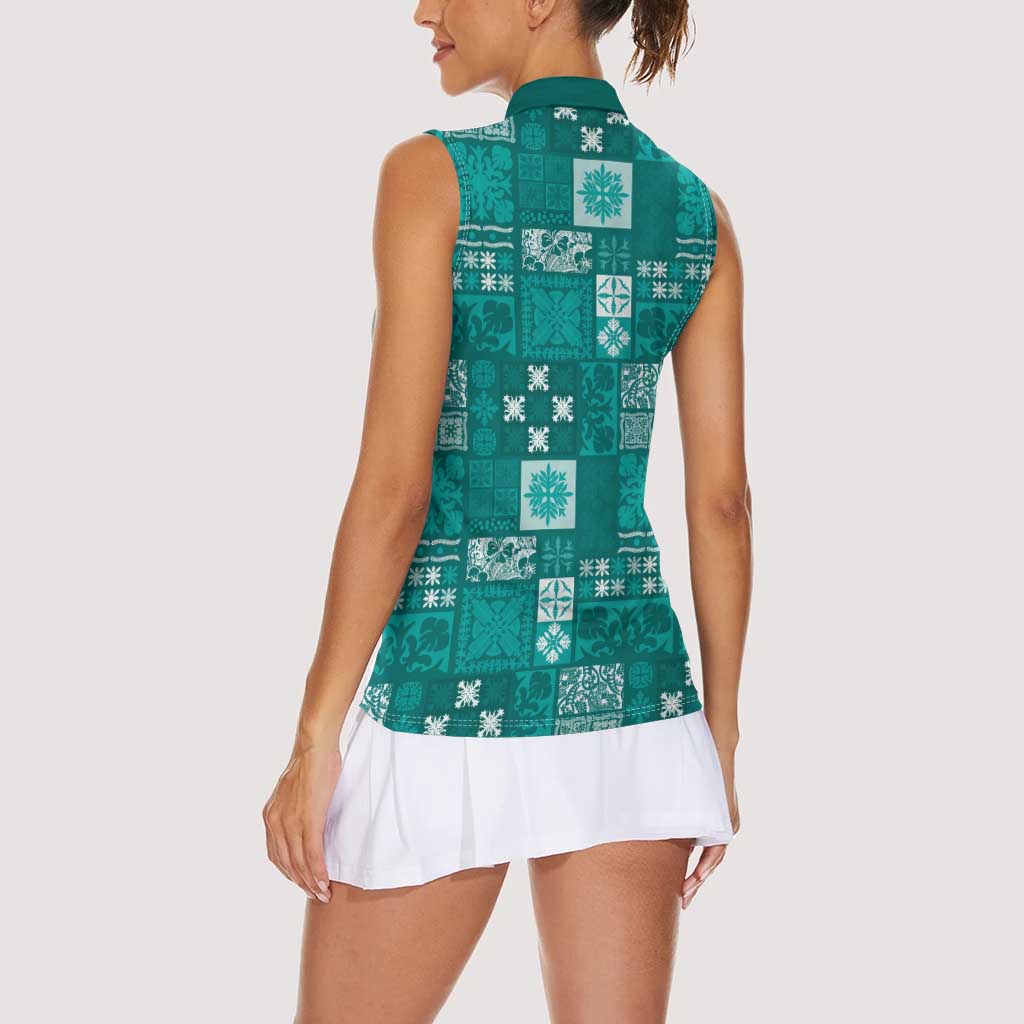Vintage Hawaiian Quilting Patterns Women Sleeveless Polo Shirt Turquoise Style Tribal Fabric Patchwork - Polynesian Pride