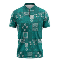 Vintage Hawaiian Quilting Patterns Zipper Polo Shirt Turquoise Style Tribal Fabric Patchwork - Polynesian Pride