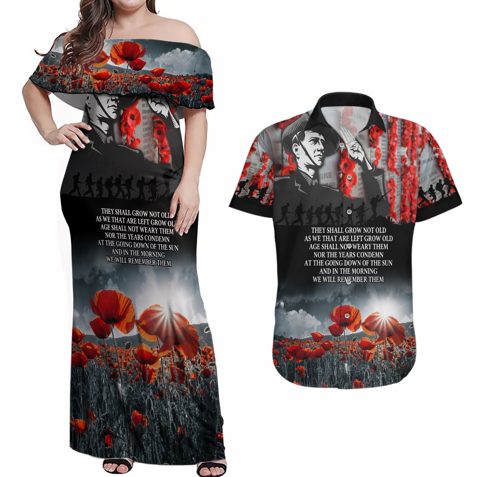 ANZAC DAY Heroes Of The Gallipoli Couples Matching Off Shoulder Maxi Dress and Hawaiian Shirt LT9 Black - Polynesian Pride