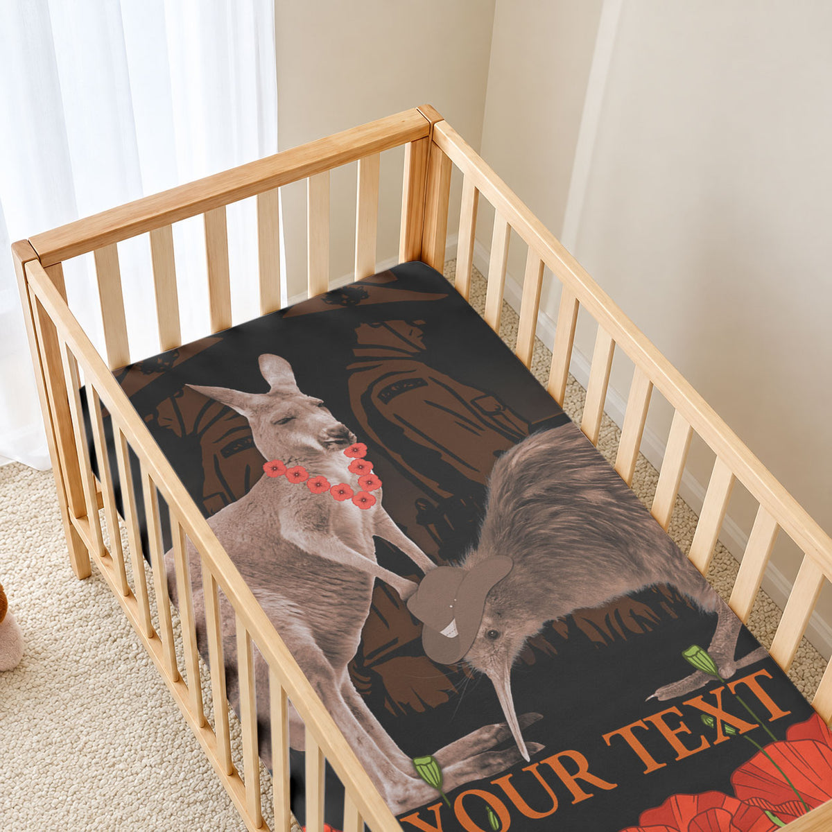 Kangaroo and Kiwi Bird ANZAC Day Custom Baby Bed Cover Soldier Style LT9 - Polynesian Pride