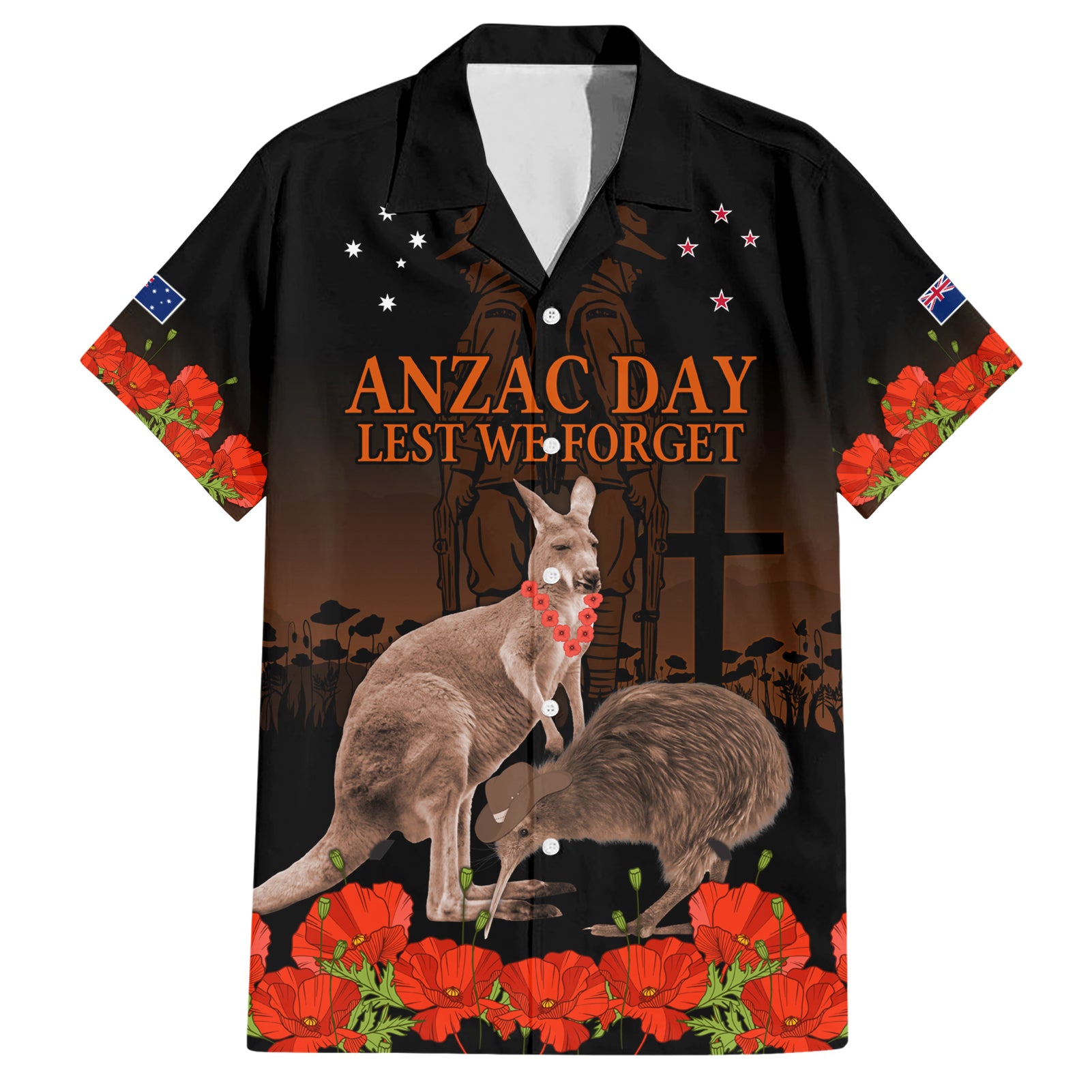 Kangaroo and Kiwi Bird ANZAC Day Custom Hawaiian Shirt Soldier Style LT9 Black - Polynesian Pride