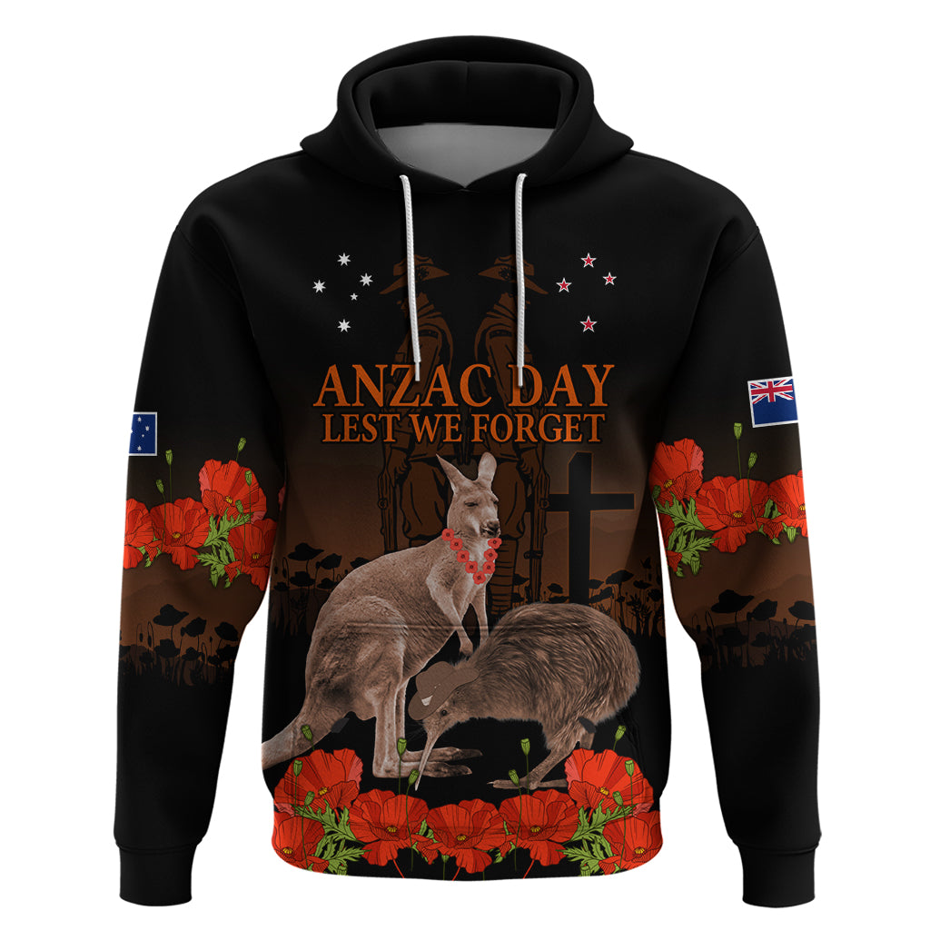 Kangaroo and Kiwi Bird ANZAC Day Custom Zip Hoodie Soldier Style LT9 Pullover Hoodie Black - Polynesian Pride