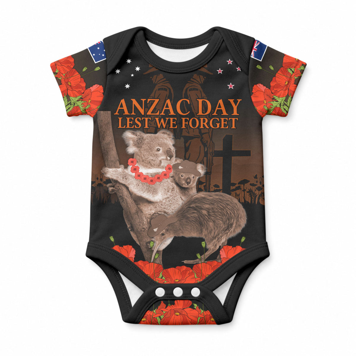 Koala and Kiwi Bird ANZAC Day Custom Baby Onesie Soldier Style LT9 Black - Polynesian Pride