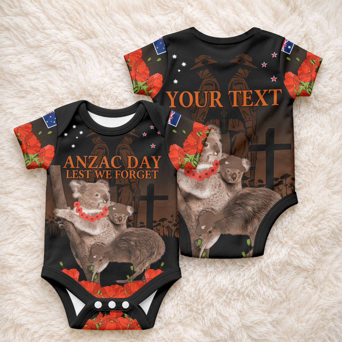 Koala and Kiwi Bird ANZAC Day Custom Baby Onesie Soldier Style LT9 - Polynesian Pride