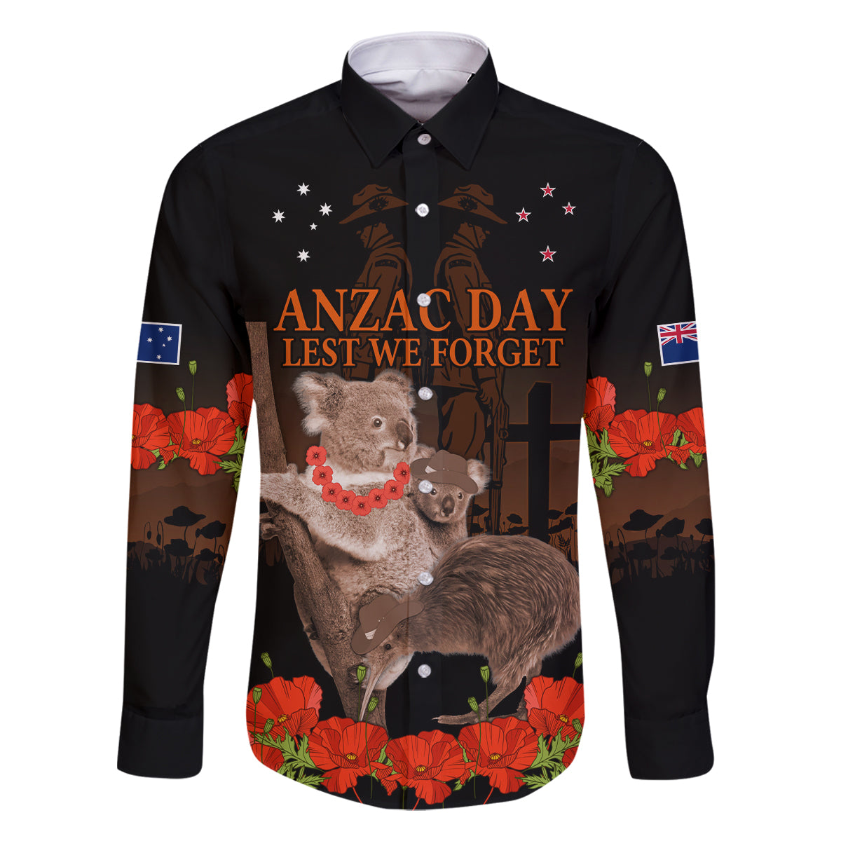 Koala and Kiwi Bird ANZAC Day Custom Family Matching Off Shoulder Maxi Dress and Hawaiian Shirt Soldier Style LT9 Dad's Shirt - Long Sleeve Black - Polynesian Pride
