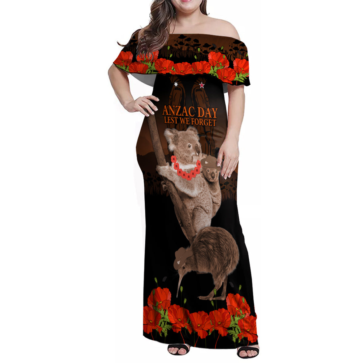 Koala and Kiwi Bird ANZAC Day Custom Family Matching Off Shoulder Maxi Dress and Hawaiian Shirt Soldier Style LT9 Mom's Dress Black - Polynesian Pride