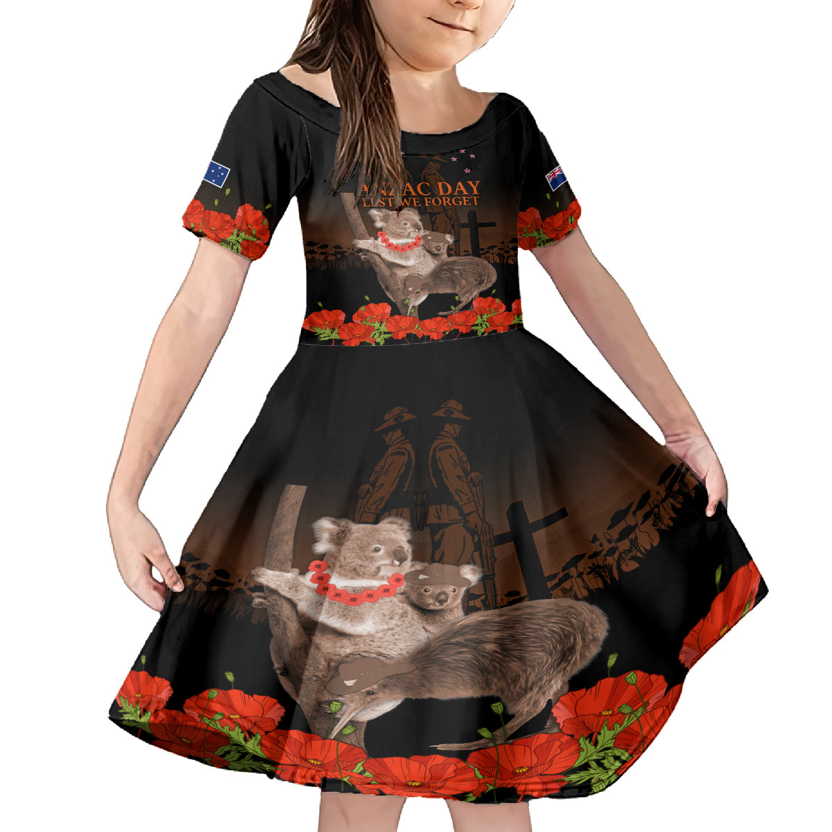 Koala and Kiwi Bird ANZAC Day Custom Family Matching Summer Maxi Dress and Hawaiian Shirt Soldier Style LT9 Daughter's Dress Black - Polynesian Pride