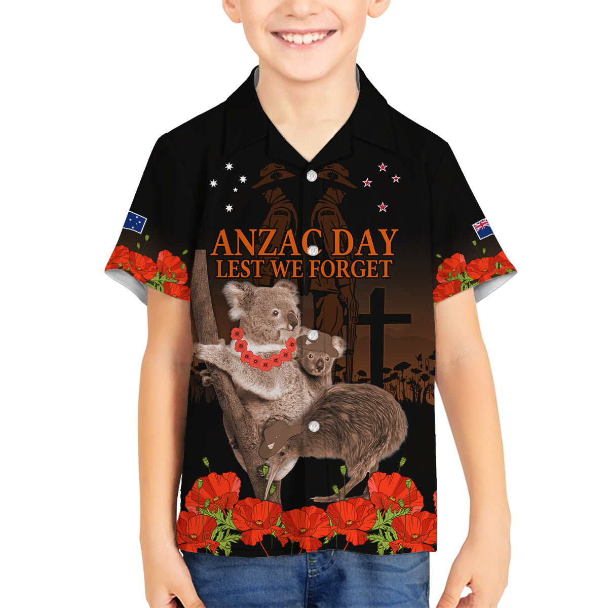 Koala and Kiwi Bird ANZAC Day Custom Family Matching Tank Maxi Dress and Hawaiian Shirt Soldier Style LT9 Son's Shirt Black - Polynesian Pride